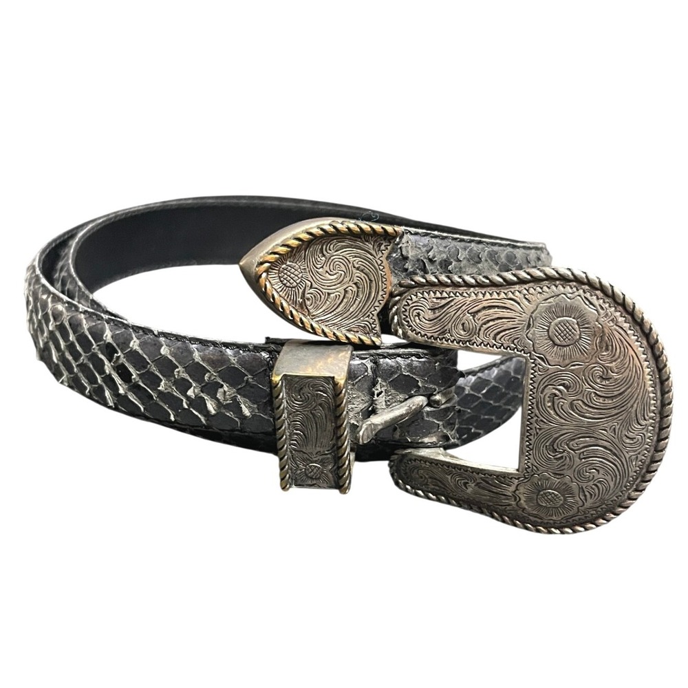 Vintage 90s Liz Claiborne Genuine Snakeskin Western Engraved Silver Belt Black M